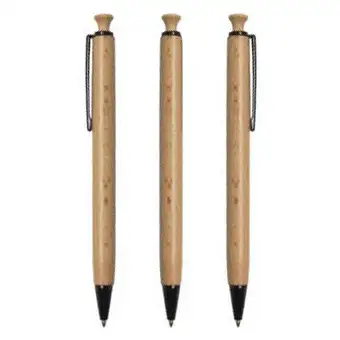 Nachhaltiger Kugelschreiber aus Buchenholz mit natürlicher Holzmaserung, schwarzer Metallspitze und Metallclip, schreibt in Schwarz. Werbemittel